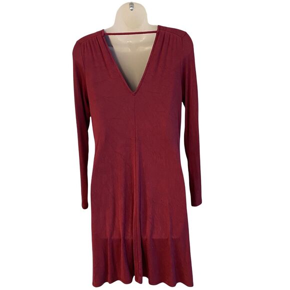 LA Relaxed Small Dress Long Sleeve Vneck Maroon Bodycon Stretch - Picture 9 of 10